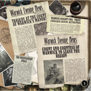 One page introductory letter, one page newspaper headlines, and one page character summaries