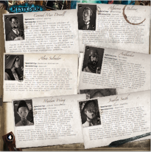 One page introductory letter, one page newspaper headlines, and one page character summaries